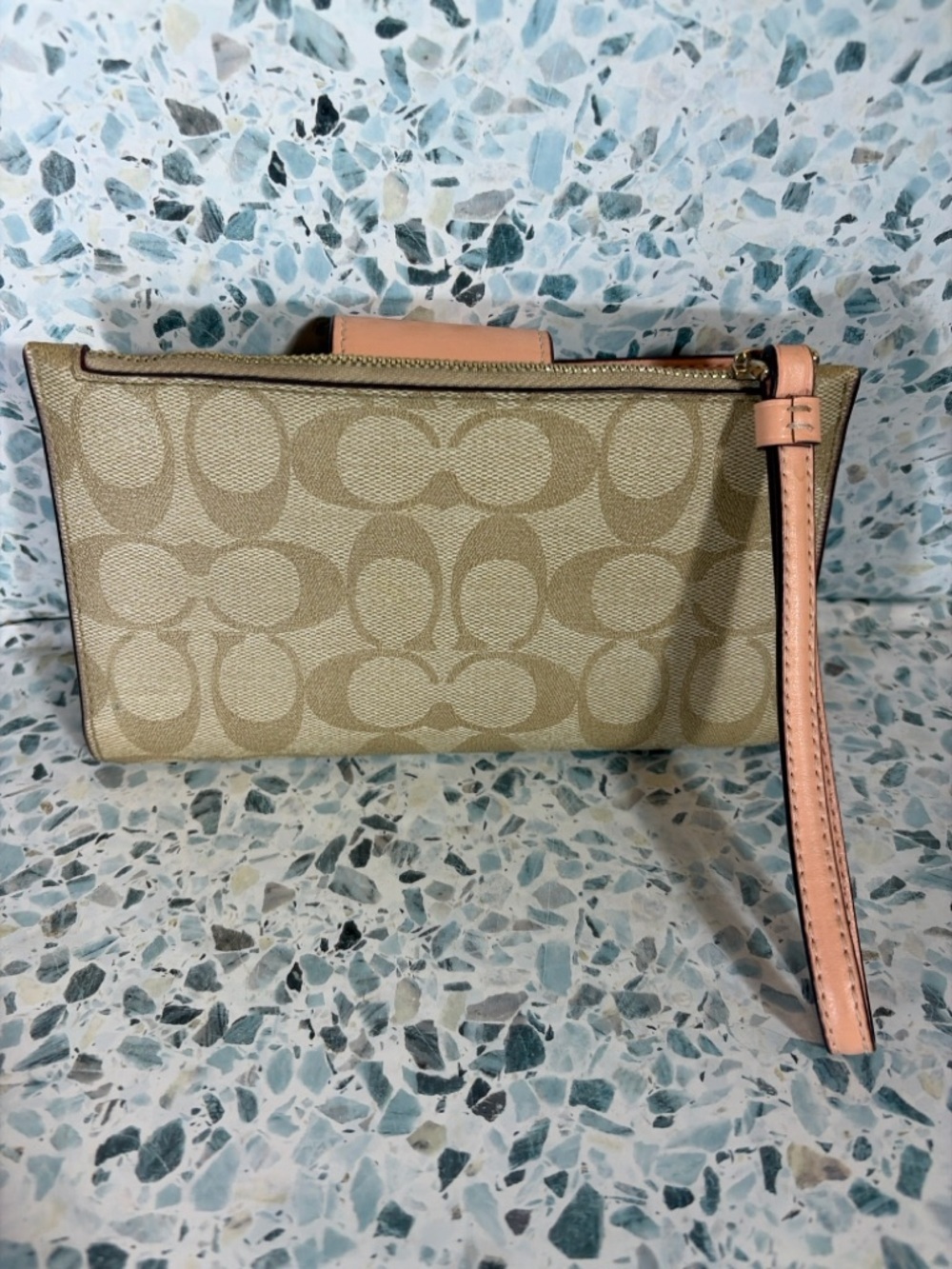 Coach Signature Canvas Wristlet in Tan with Pink Trim - Picture 2 of 5